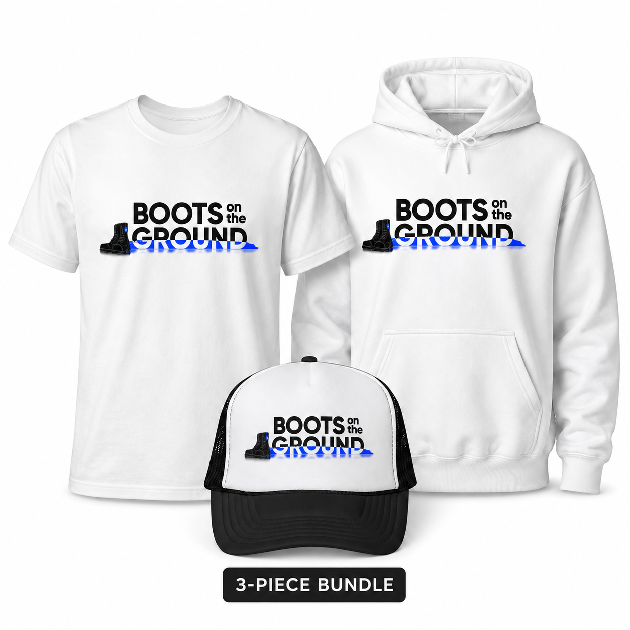 3-piece bundle of white t-shirt, hoodie, and cap with 'Boots on the Ground' text on a white background